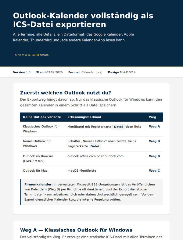 Vorschau: M·A·D — Outlook-Kalender als ICS exportieren (V1.0)