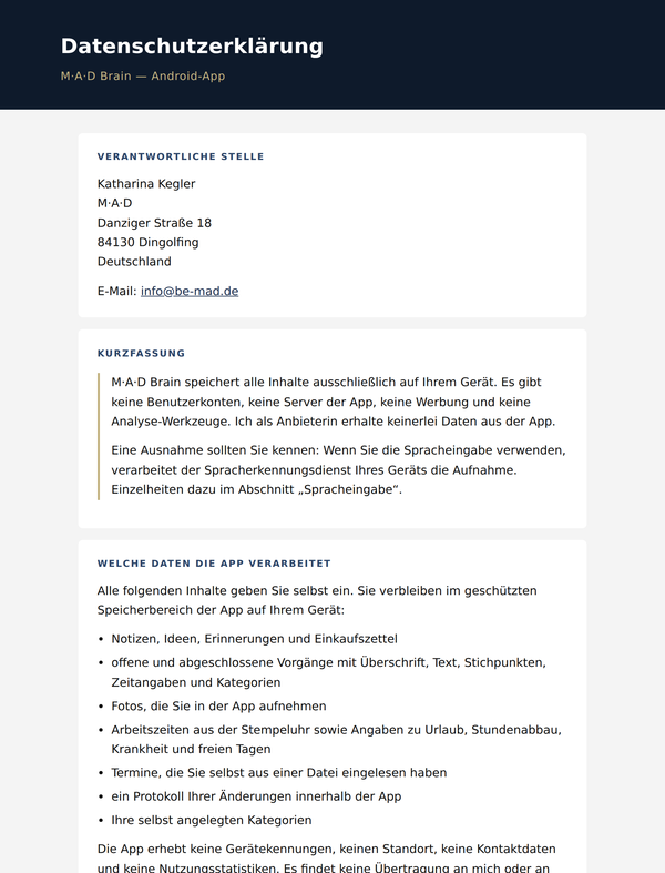 Vorschau: Datenschutzerklärung — M·A·D Brain